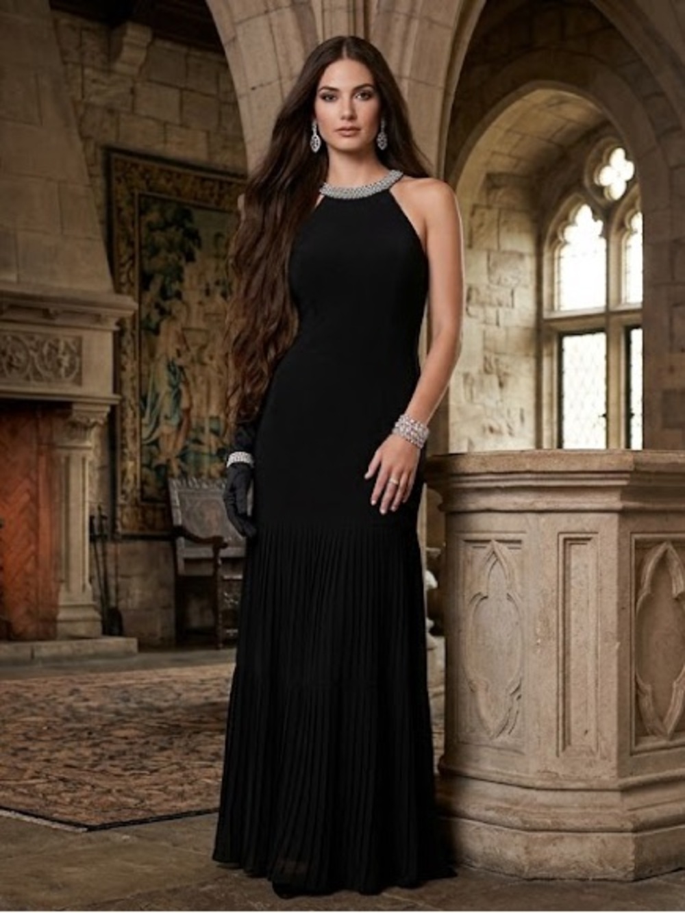 Xscape Black Halter Maxi Gown with Jeweled Neckline